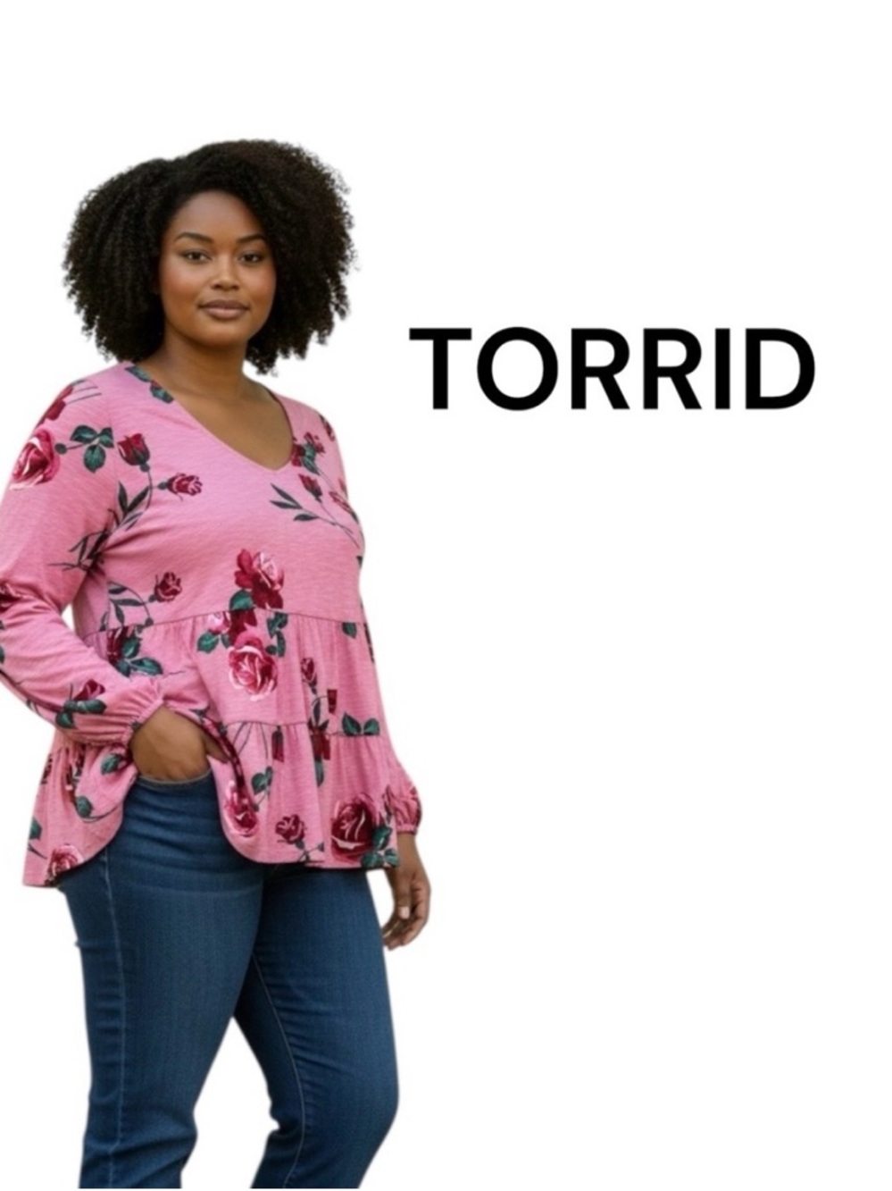 torrid Rose Print Pink V-Neck Tiered Peplum Top